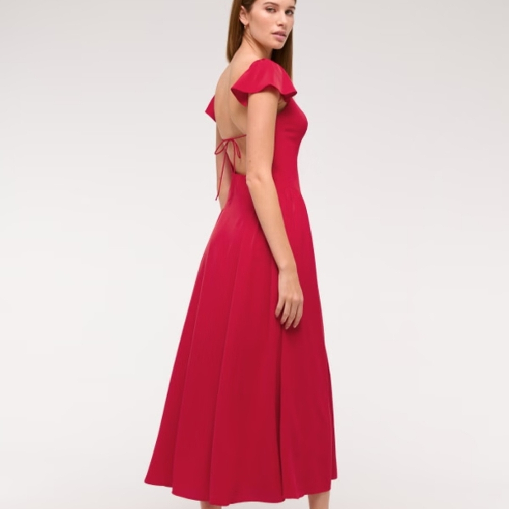 Abercrombie & Fitch Red Flutter-Sleeve Midi Dress with Side Slit, Size M - Picture 4 of 10